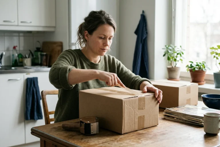 Pakettia valmistellaan lähetettäväksi keittiön pöydällä.