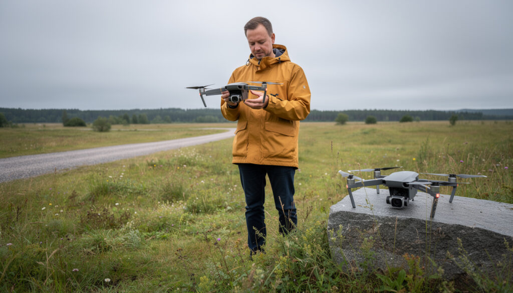 Mies seisoo kukkivalla niityllä ja pitää pientä harmaata dronea rinnan korkeudella. Lähellä kivellä lepää suurempi drone, jossa on pidemmät varret. Taustalla soratie ja metsänraja.