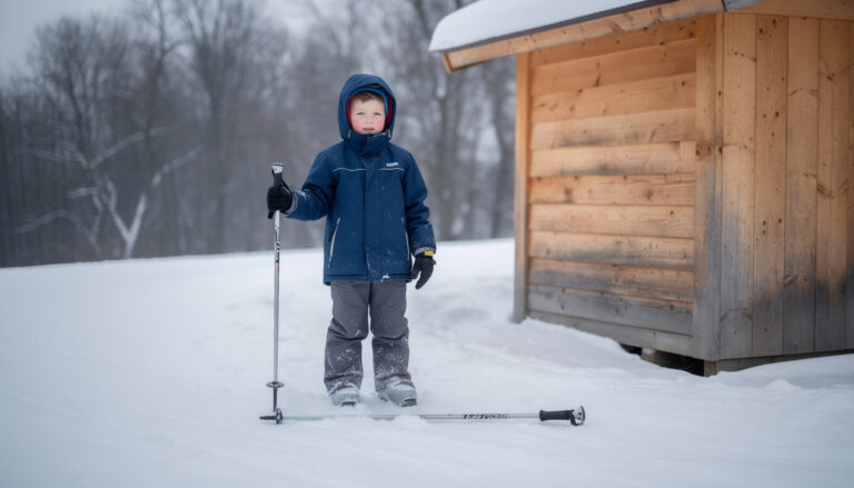 Lapsi seisoo lumisella polulla puisen hirsirakennuksen vieressä, pitelee yhtä suksisauvaa pystyssä; toinen sauva makaa lumessa. Taustalla lumisia puita.