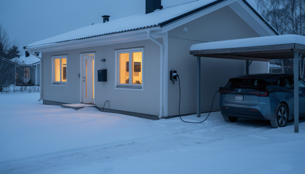 Omakotitalo talvihämärässä, sähkömittarikaappi seinässä ja latauskaapeli autokatoksessa olevaan sähköautoon.