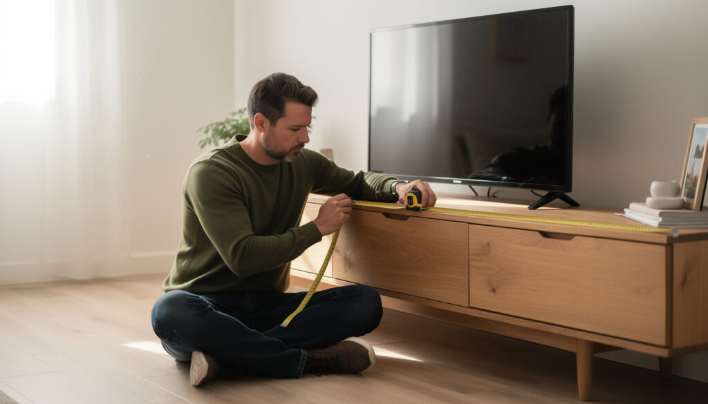 Mies istuu olohuoneen lattialla ja mittaa keltaisella mittanauhalla puista tv-tasoa, jonka päällä on musta televisio.