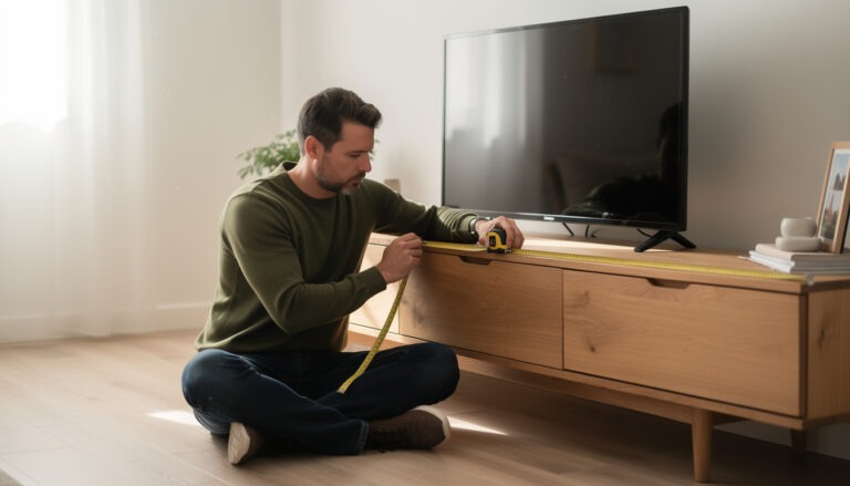 Mies istuu olohuoneen lattialla ja mittaa keltaisella mittanauhalla puista tv-tasoa, jonka päällä on musta televisio.