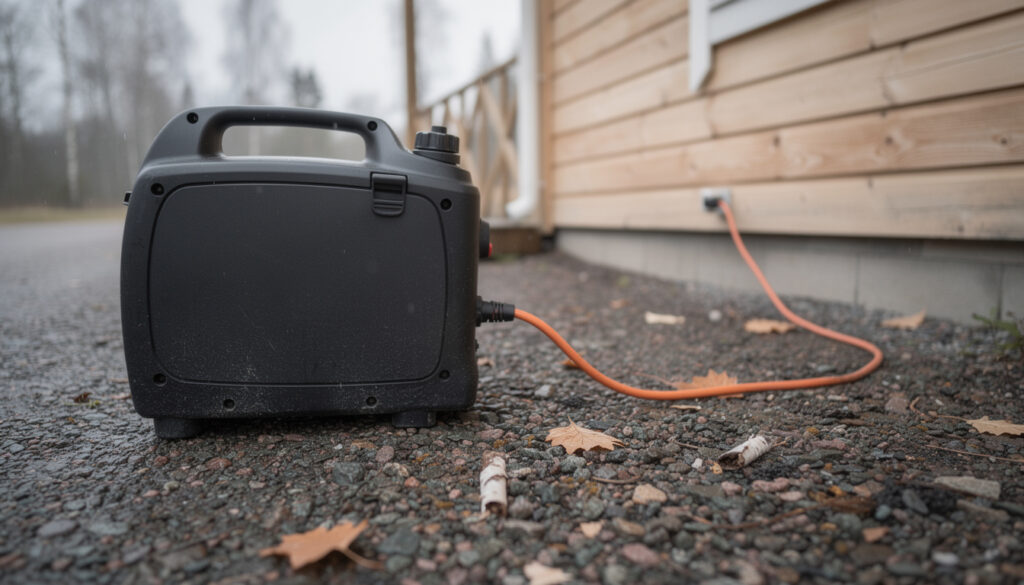 Ulkona sorapihalla musta kannettava generaattori, josta lähtee oranssi kaapeli puisen kesämökin seinälle. Maassa on kuivia lehtiä ja soraa.