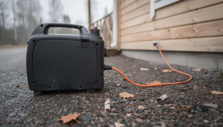 Ulkona sorapihalla musta kannettava generaattori, josta lähtee oranssi kaapeli puisen kesämökin seinälle. Maassa on kuivia lehtiä ja soraa.