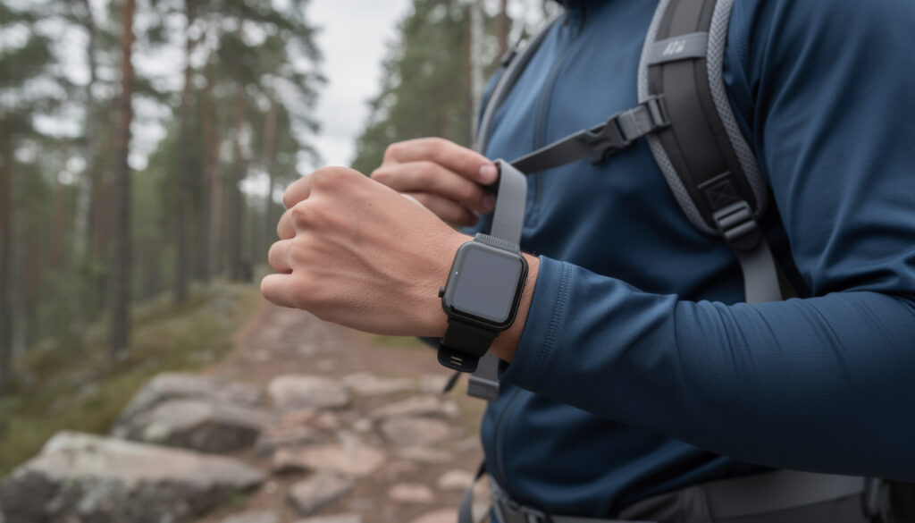 Vaeltajan ranne, jossa on musta älykello ja sininen pitkähihainen paita, säätää repun hihnaa kivisellä metsäpolulla.