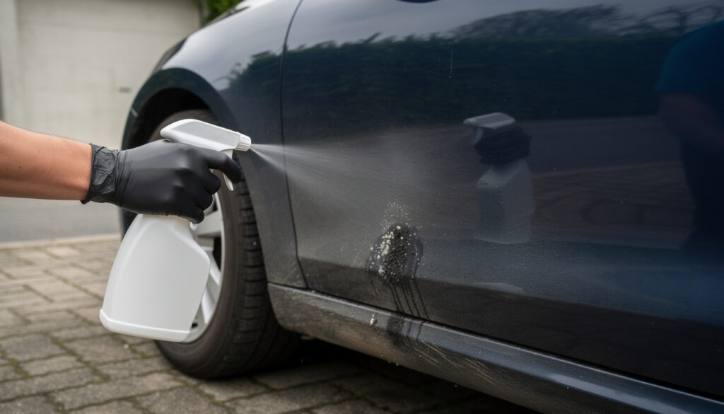 Lähikuva auton kylkipaneelista ja renkaasta. Musta käsine kädessä suihkuttaa valkoisesta pullosta liuotinpesuainetta pieneen pikiläikkään maalipinnalla. Taustalla autotalli ja