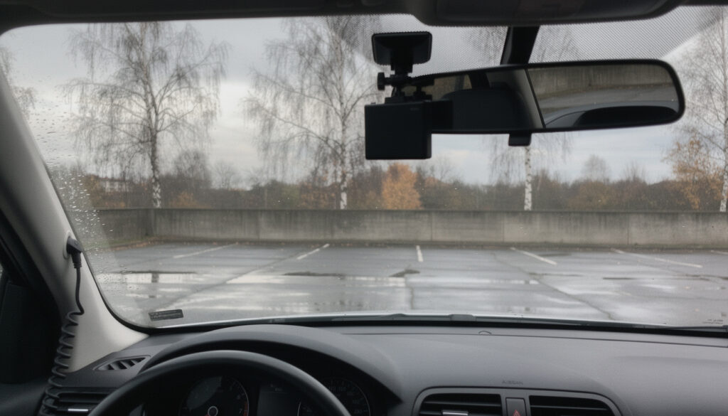 Auton sisältä kuvattu näkymä tuulilasin läpi: musta kojelautakamera kojelautapeilin takana, kierteinen johto A-pilarissa, märkä asfalttiparkkipaikka, betonimatala seinä ja lehdettö