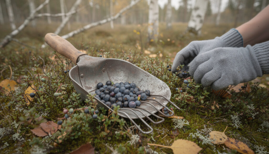 Metsämaassa lepää metallinen marjanpoimuri, jonka alumiinikoppa on puolillaan tummia mustikoita. Kädet poimivat marjoja varvuista, taustalla koivuja ja sammalta.