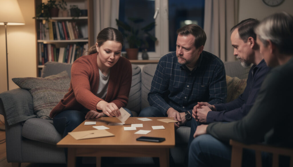 Neljä aikuista istuu olohuoneessa sohvalla ja tuolilla tutkimassa pöydälle levitettyjä paperisia vihjekortteja ja kirjekuorta, yksi puhelin nurinpäin pöydän reunalla.