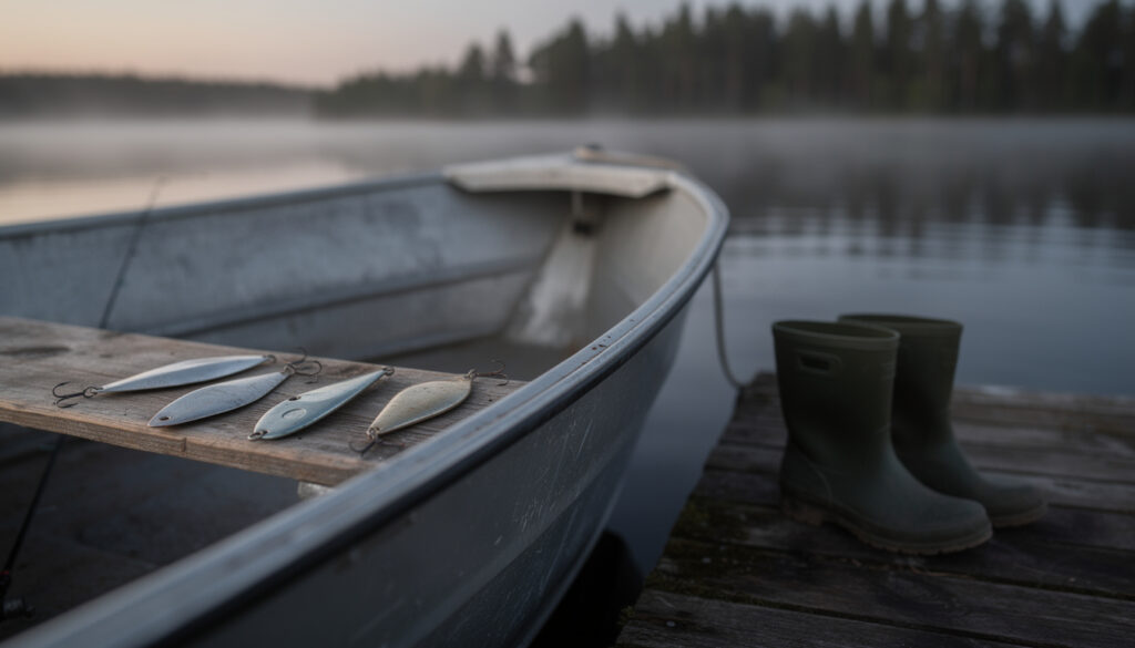 Alumiinivene puulaiturissa tyvenellä järvellä hämärässä. Puupenkillä kolme metallilusikkauistinta; oliivinvihreät kumisaappaat laiturilla. Taustalla mäntyjä ja sumua.