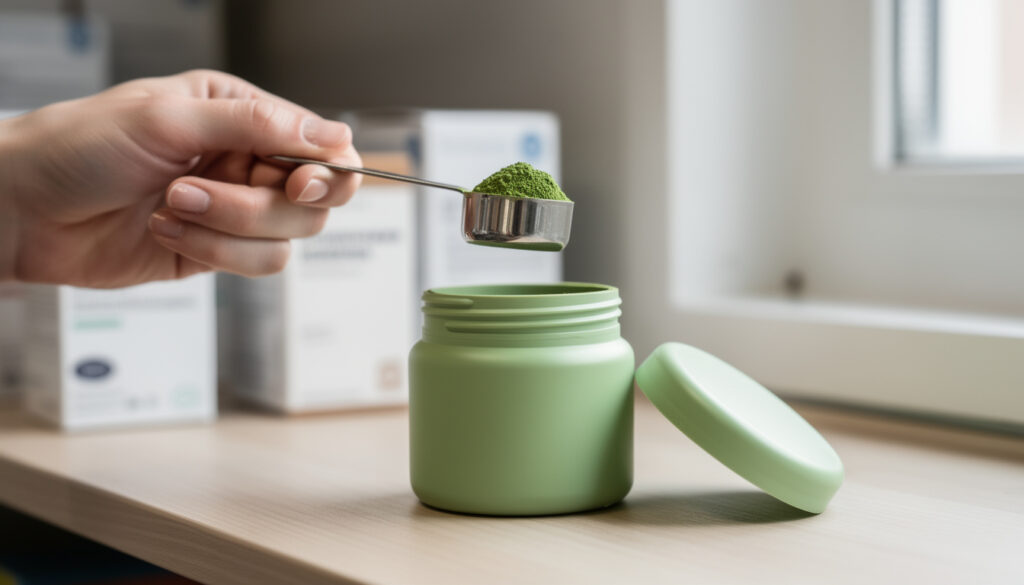 Käsi pitää metallilusikkaa, jossa on vihreää jauhetta, avoimen vihreän purkin yläpuolella. Kansi on pöydällä, taustalla epätarkkoja pakkauksia.