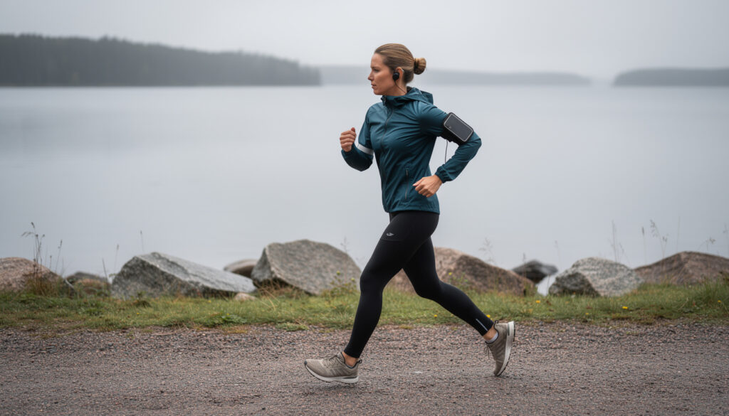 Nainen juoksee soratiellä järven rannalla; tummanvihreä juoksutakki, mustat leggingsit, musta kuulokekoukku oikeassa korvassa ja puhelin käsivarren telineessä. Taustalla harmaa ves