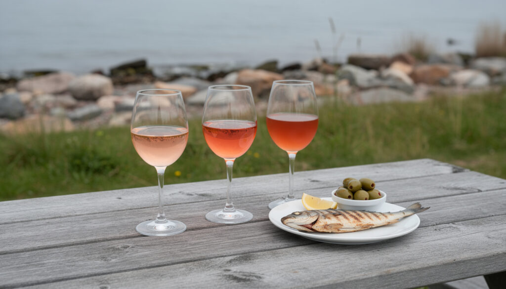 Ulkopöytä meren rannalla: kolme viinilasillista eri sävyistä roseeviiniä, valkoisella lautasella grillattu kala, oliivikulho ja sitruunalohko, taustalla kiviä ja merta.