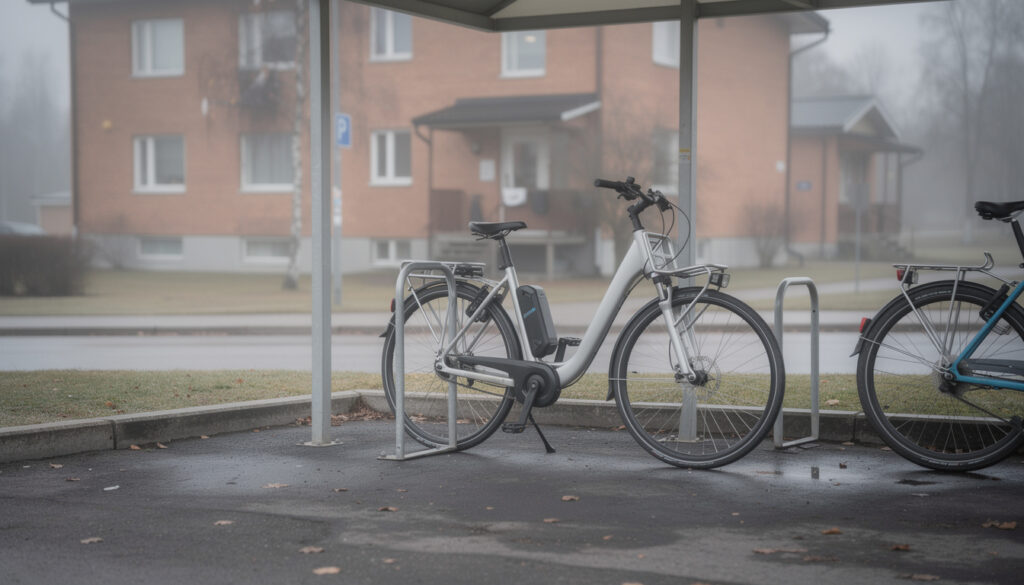 Sateinen pyöräkatos, jossa valkoinen sähköpyörä telineessä, musta akku rungossa, toinen pyörä osittain kuvan reunassa, märkä asfaltti ja punatiilinen kerrostalo taustalla.