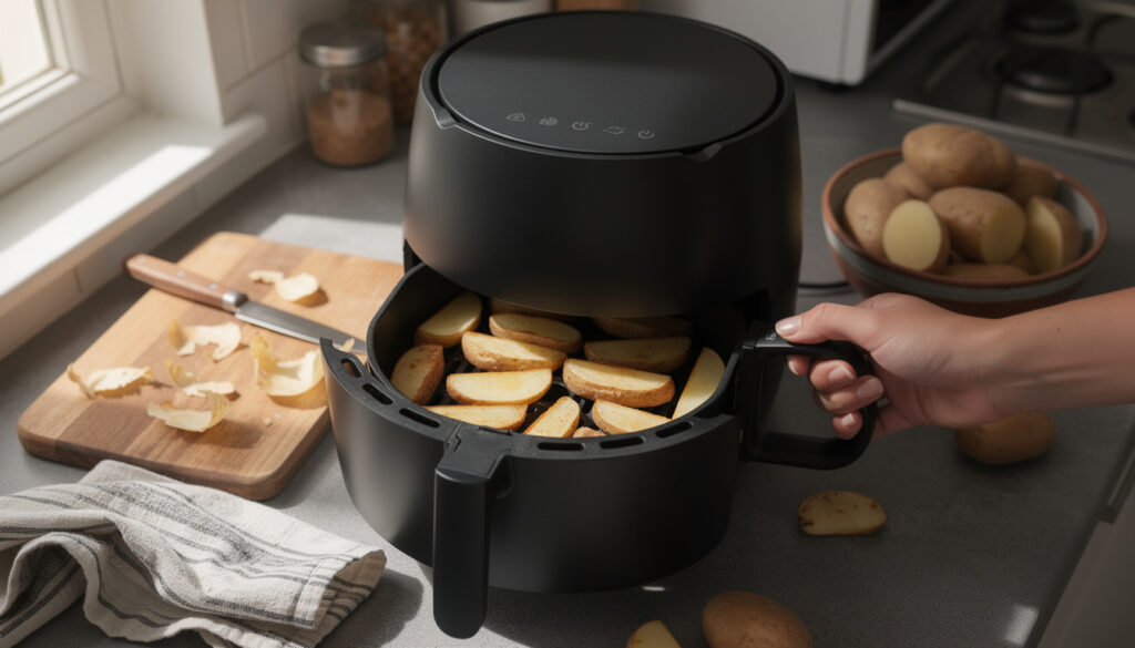 Ylhäältä kuvattu musta airfryer keittiötasolla. Käsi vetää koria hieman auki, sisällä lohkoperunoita. Taustalla leikkuulauta, kulho perunoita ja pyyhe.