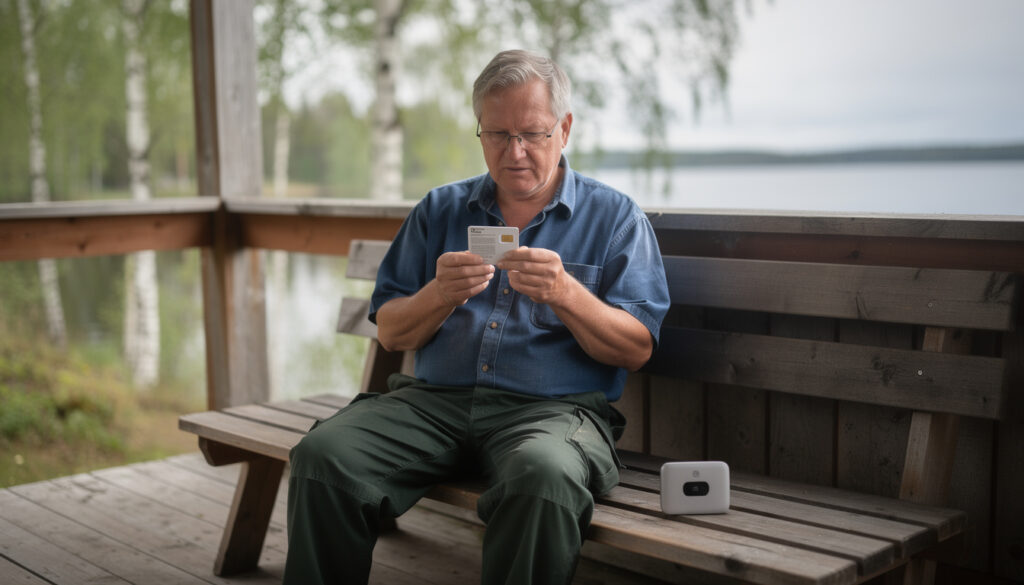 Harmaatukkainen silmälasipäinen mies istuu puisella penkillä kesämökin verannalla ja pitelee valkoista korttia. Vieressä on valkoinen modeemi. Taustalla järvi ja koivuja.