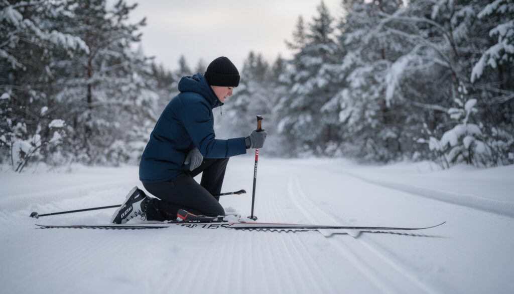 Henkilö polvistuu lumisella ladulla sinisessä toppatakissa ja mustassa pipossa, työntää sauvaa lumeen; vieressä on irtonainen suksi, taustalla lumisia kuusia ja vaalea taivas.