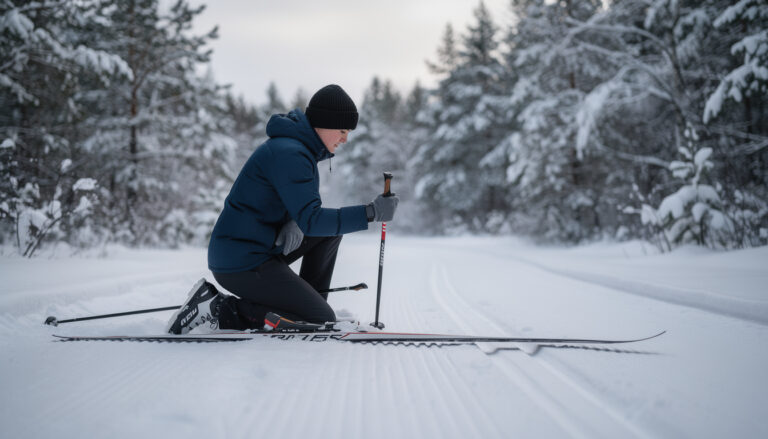 Henkilö polvistuu lumisella ladulla sinisessä toppatakissa ja mustassa pipossa, työntää sauvaa lumeen; vieressä on irtonainen suksi, taustalla lumisia kuusia ja vaalea taivas.