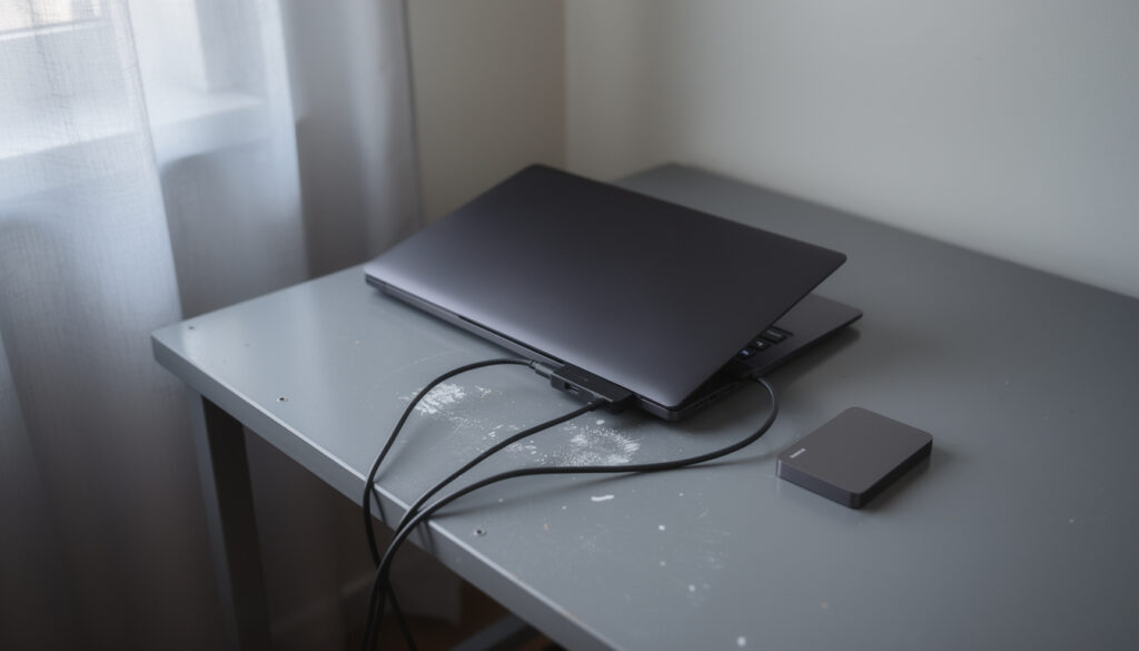 Harmaa työpöytä, jolla kannettava tietokone puoliksi suljettuna, musta USB-C-keskus ja kaksi kaapelia sekä pieni ulkoinen SSD-asema. Vasemmalla vaalea verho.
