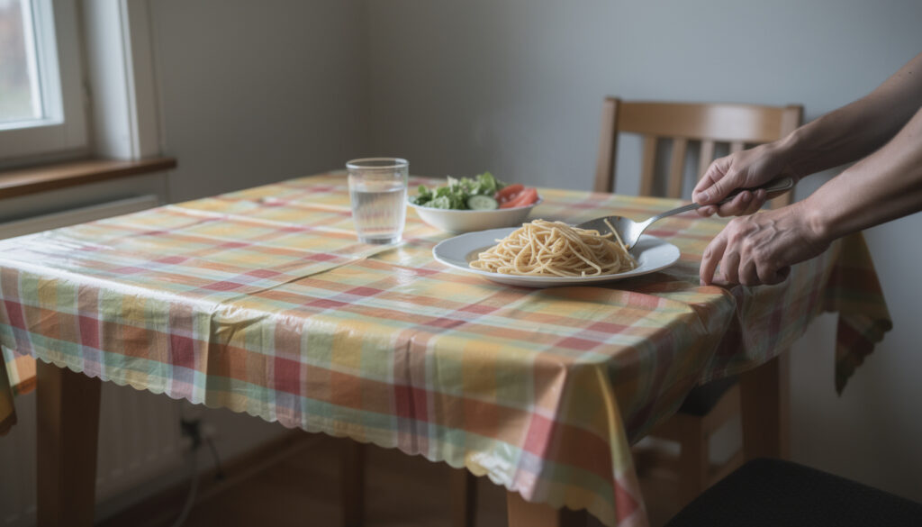 Puuinen ruokapöytä, jossa on kirkasvärisiä ruutuja sisältävä muovinen pöytäliina. Pöydällä on pasta-ateria, vesilasi ja salaattikulho. Käsi asettaa liinan reunaa kohdalleen.