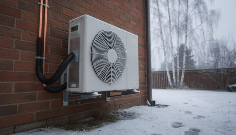 Omakotitalon tiiliseinään asennettu ilmalämpöpumpun ulkoyksikkö talvisella ja lumisella takapihalla.