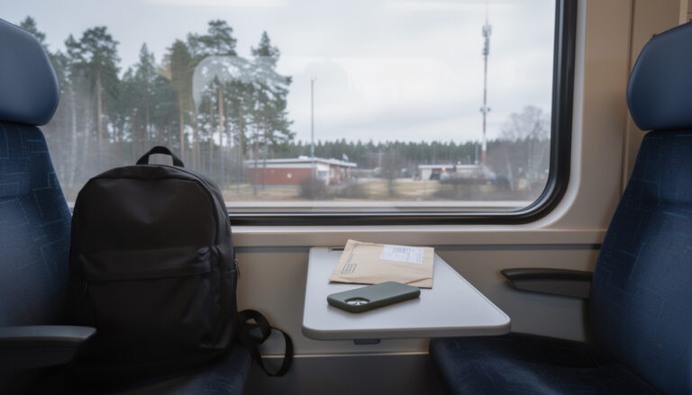 Lähijunan penkillä on musta reppu, ja viereisellä pöydällä makaa älypuhelin sekä ruskea kirjekuori. Ikkunasta näkyy metsämaisemaa.
