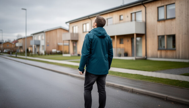 Takaa kuvattu henkilö katsoo puuverhoiltua asuinrakennusta rauhallisella kadulla pitäen puhelinta kädessään.