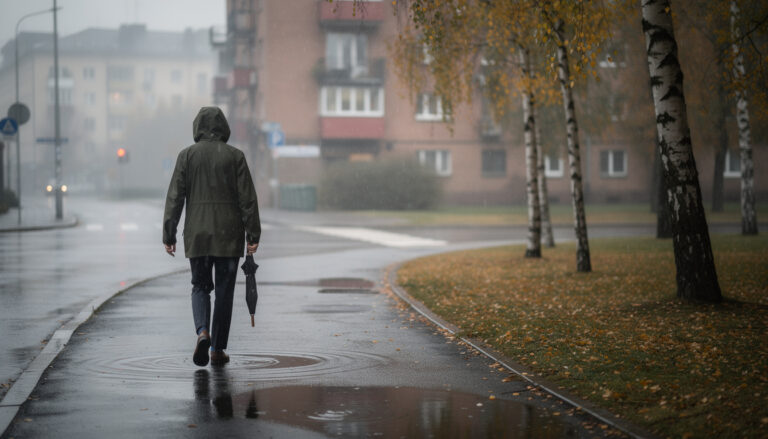 Takaapäin kuvattu henkilö kävelee sateisella asfaltilla vihreässä sadetakissa sateenvarjo kädessään syksyisen puiston vieressä.