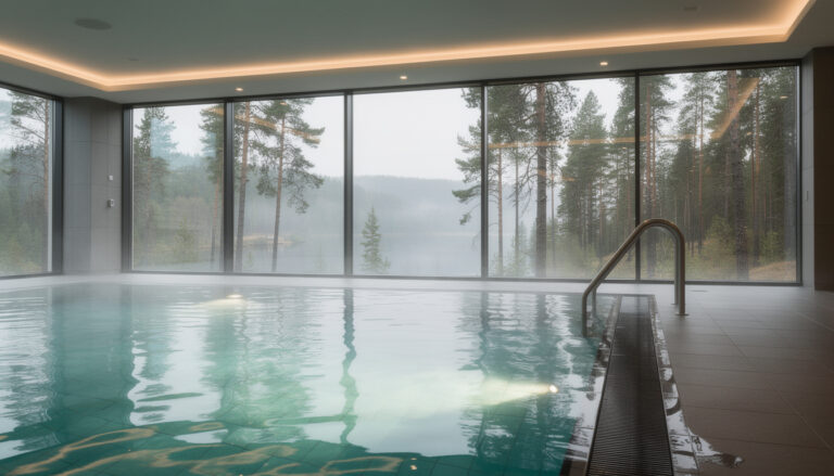 Sisäkylpylän allas, jonka suurista ikkunoista avautuu näkymä sumuiselle mäntymetsälle ja järvelle.