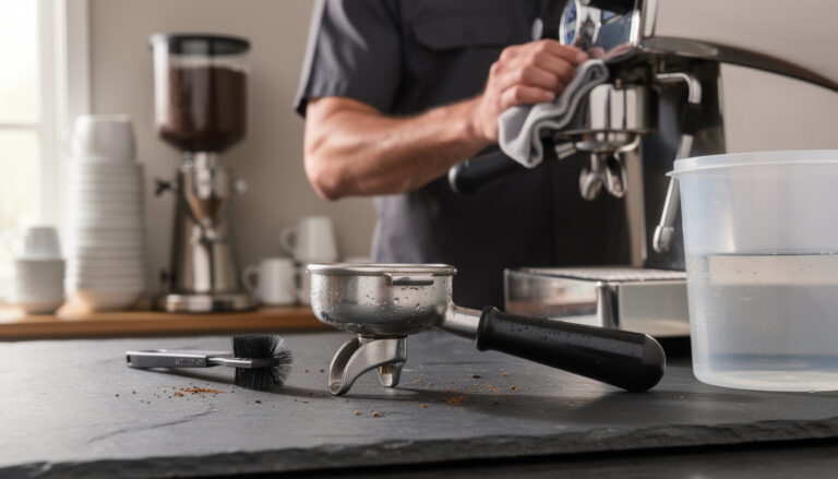 Espressokeittimen suodatinkahva ja puhdistusharja tasolla, taustalla mies puhdistamassa keitintä.