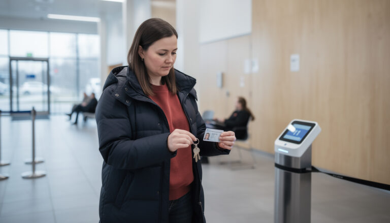 Nainen pitelee kädessään henkilökorttia ja avaimia virastotalon valoisassa aulassa vuoronumerolaitteen lähellä.