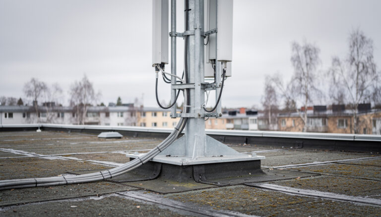 Matkaviestintätukiaseman teräsmasto ja paneeliantennit asennettuna tasakatolle taustanaan asuinkerrostaloja ja pilvinen taivas.