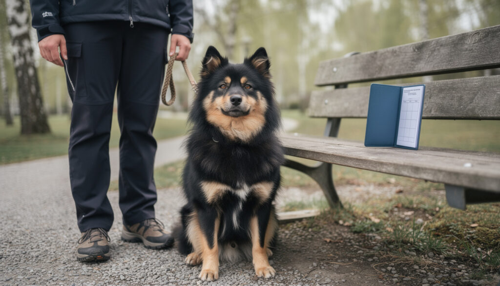 Suomenlapinkoira istuu hiekkapolulla ulkoilijan vieressä, ja taustalla puupenkillä on avoin sininen rokotuskortti.