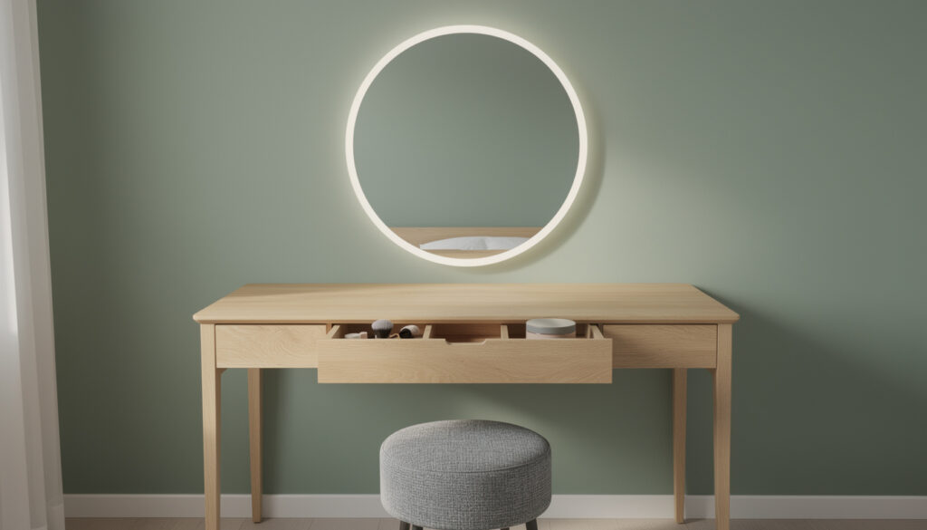 Vaalea tammipöytä avatulla laatikolla, pyöreä taustavalaistu peili ja harmaa jakkara vihreää seinää vasten.