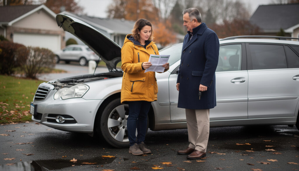 Nainen keltaisessa takissa lukee paperia auton vieressä, kun mies tummansinisessä takissa pitelee autonavaimia.