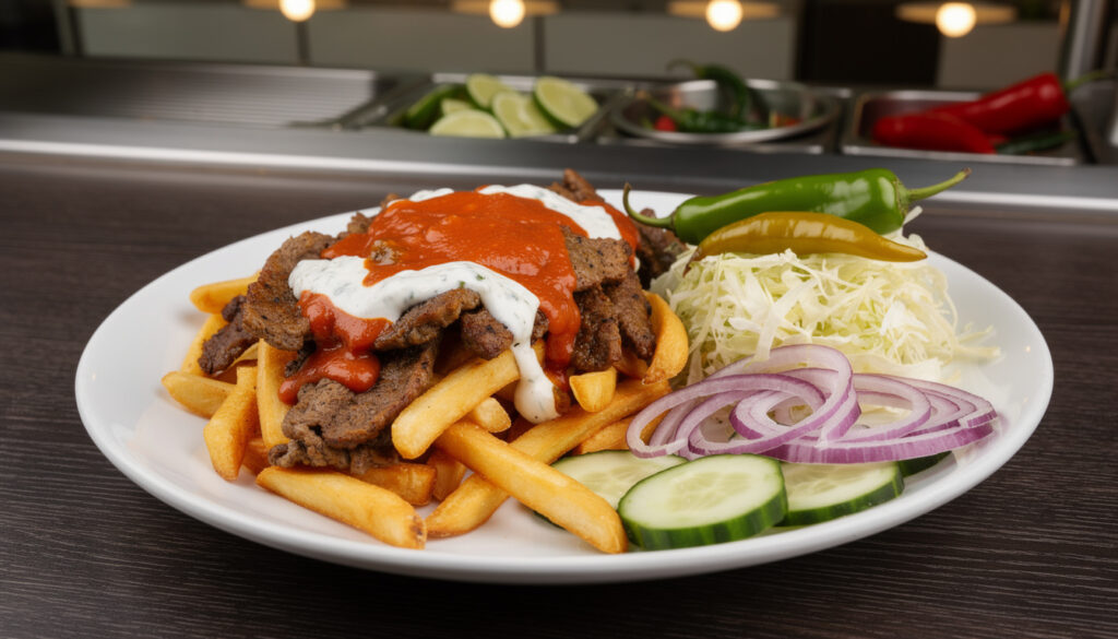 Kebabannos ranskalaisilla, kastikkeilla, kaalisalaatilla, sipulirenkailla, kurkkuviipaleilla ja feferonipaprikoilla valkoisella lautasella.