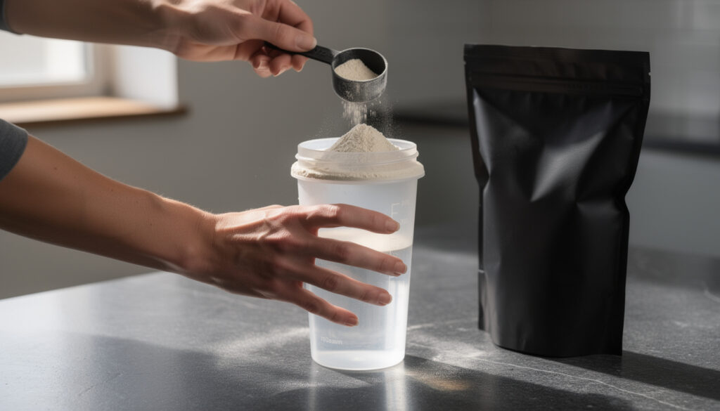 Kädet kaatamassa proteiinijauhetta mittalusikalla shaker-pulloon keittiön työtasolla mustan pussin vieressä.