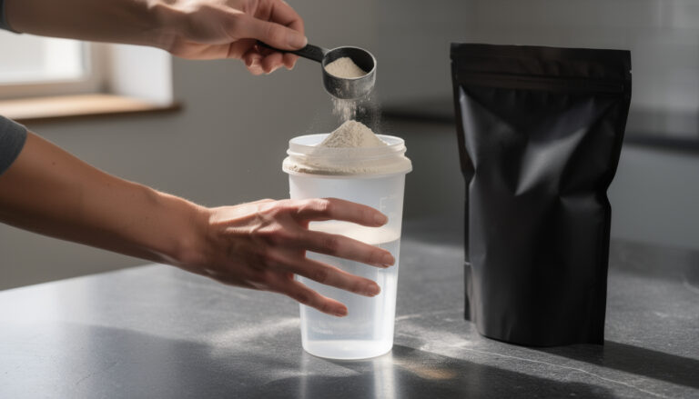 Kädet kaatamassa proteiinijauhetta mittalusikalla shaker-pulloon keittiön työtasolla mustan pussin vieressä.