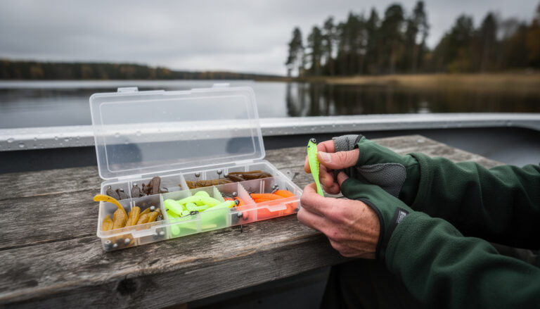 Käsineisiin puettu käsi pitelee pientä kalastusjigiä puuveneen penkillä avonaisen vieherasian vieressä järvimaisemassa.