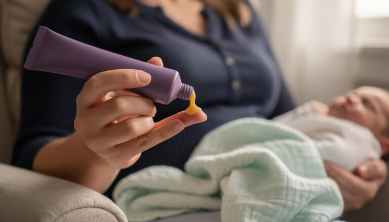 Äiti puristaa liilasta tuubista keltaista lanoliinivoidetta sormenpäähänsä, sylissään nukkuva vauva kapalossa.