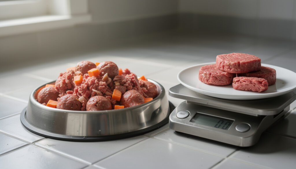 Metallinen lemmikin ruokakuppi täynnä raakaruokaa ja porkkanapaloja laattalattialla keittiövaa'an vieressä.