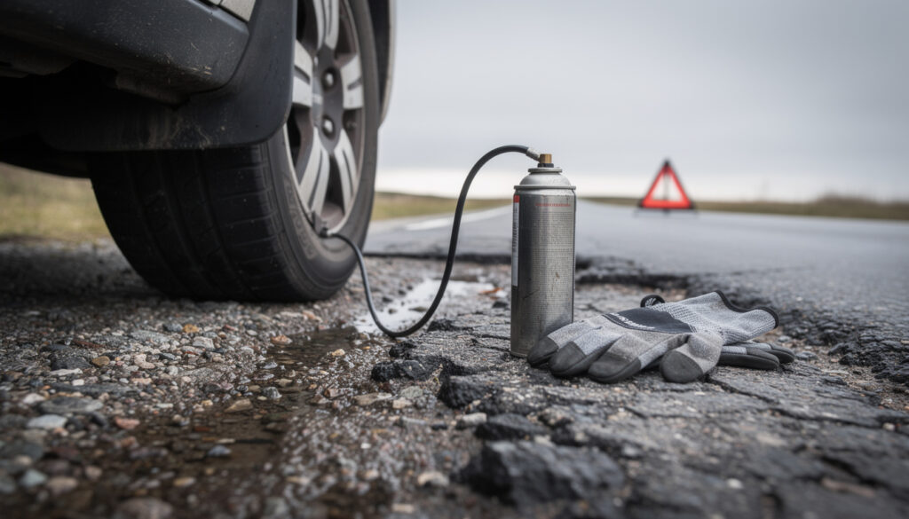 Auton tyhjentynyt rengas tien pientareella, vieressä paikkausainepullo, työhanskat ja taustalla varoituskolmio.