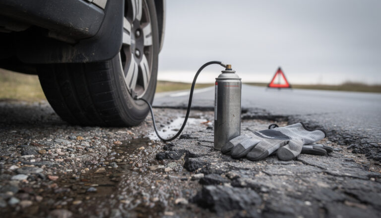 Auton tyhjentynyt rengas tien pientareella, vieressä paikkausainepullo, työhanskat ja taustalla varoituskolmio.