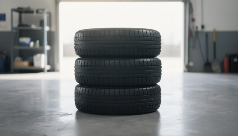 Pino uusia autonrenkaita autokorjaamon betonilattialla avoimen nosto-oven edessä.