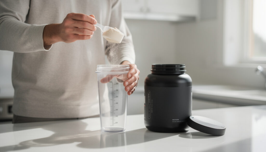 Henkilö kaataa mittalusikalla proteiinijauhetta kirkkaaseen shaker-pulloon keittiön työtasolla mustan purkin vieressä.