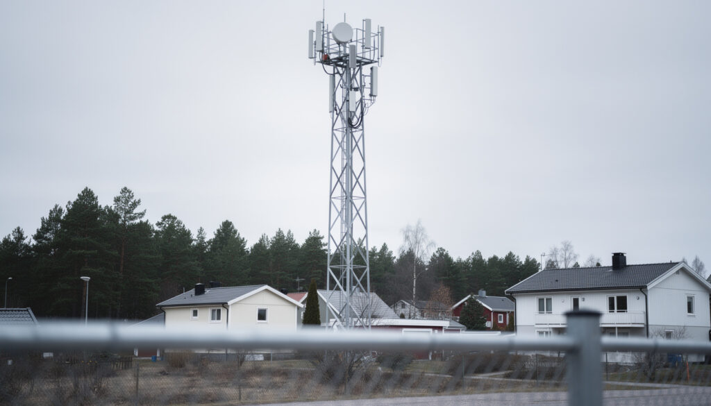 Korkea matkapuhelinmasto seisoo omakotitalojen ja mäntyjen takana pilvisenä päivänä aidan takaa kuvattuna.