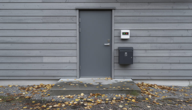 Harmaalla puuverhoillulla seinällä varustettu omakotitalon ulko-ovi, jonka vieressä on postilaatikko, sähkömittari sekä maassa syksyisiä lehtiä ja soraa.
