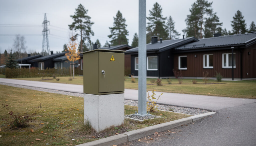Vihreä sähkönjakokaappi ja valaisinpylväs rivitaloalueen kadunreunassa, taustalla mäntyjä ja voimalinja.