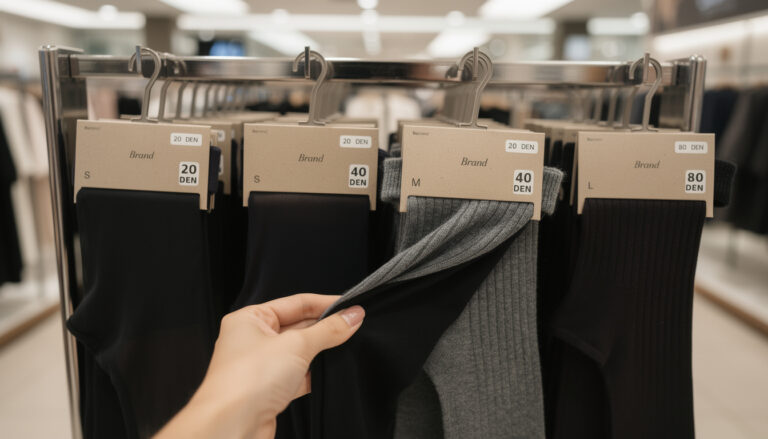 Käsi koskettaa myymälän telineessä roikkuvia mustia ja harmaita sukkahousuja.