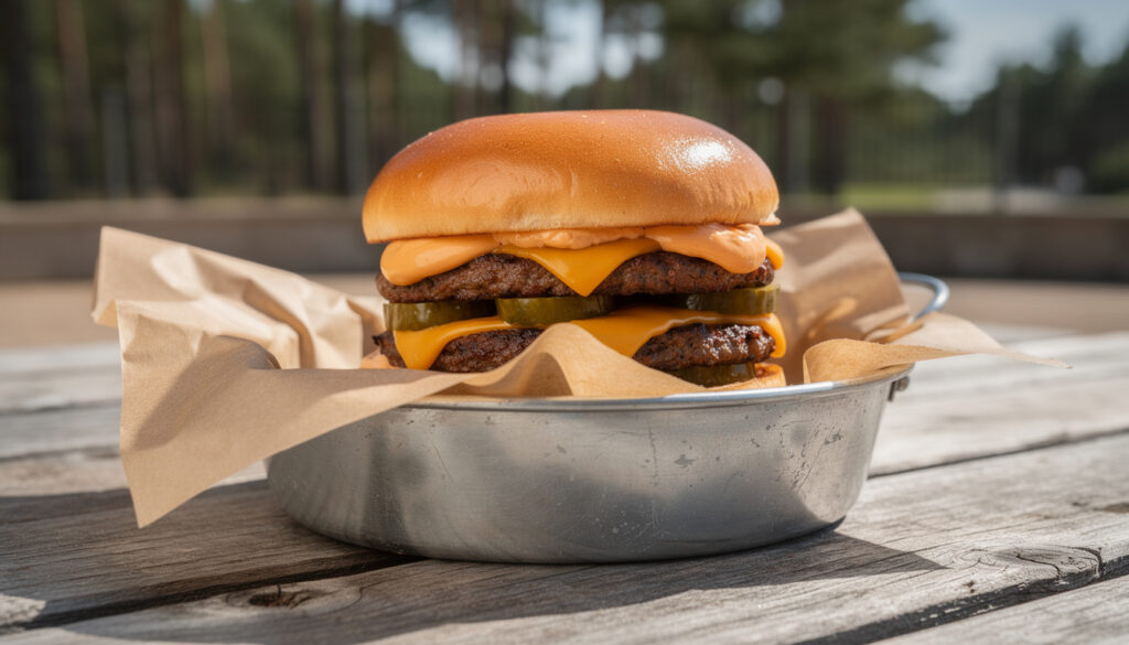 Mehevä smash burger metalliastiassa ruskean paperin päällä puisella piknikpöydällä.